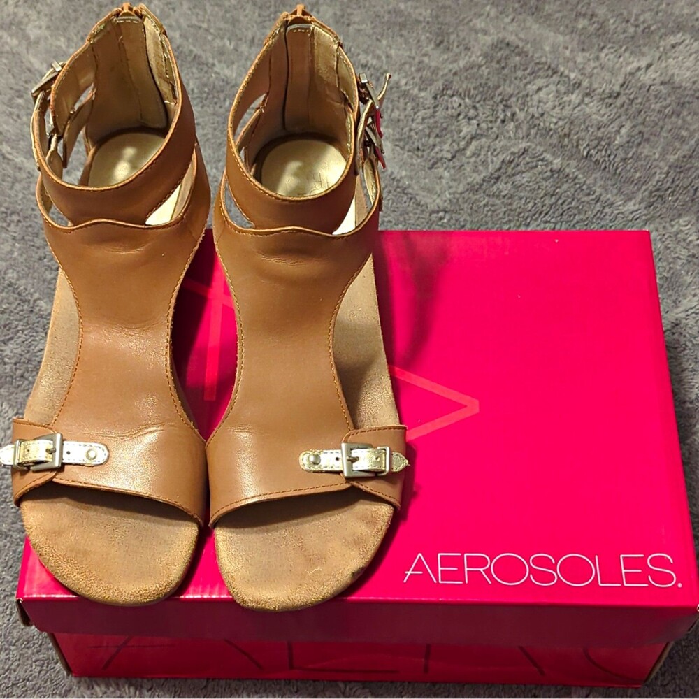 Aerosoles Women's Brown Leather Wedge Sandals Ankle Strap Buckle Zip US 7.5